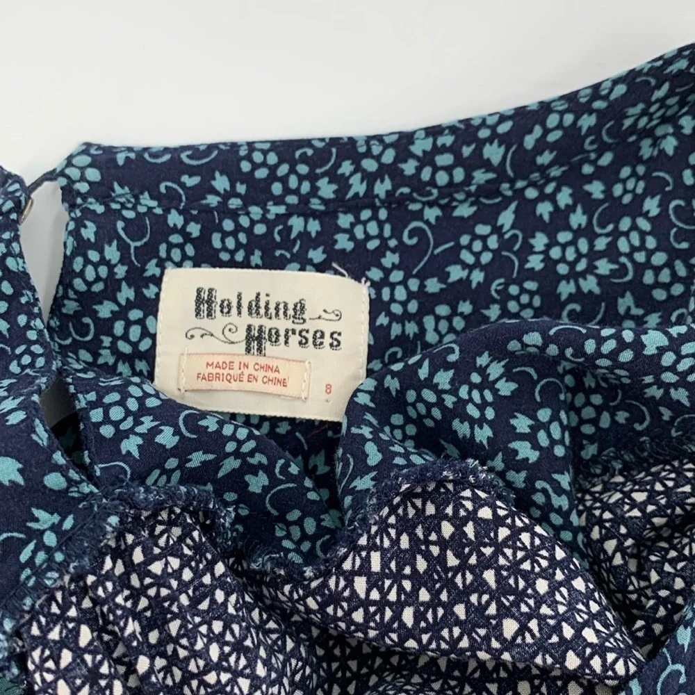 Holding Horses Anthropologie colorblock mini dress navy black print ruffle Small